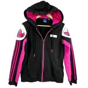 EUC Adidas Black/Pink Full Zip Thick Cotton Hooded RETRO STREETWEAR Jacket M